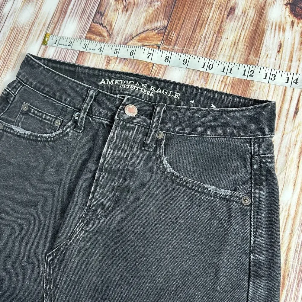 American Eagle Size 0 Black Jean Denim Button Fly Raw Hem Mini Skirt 27X13 - Picture 3 of 8